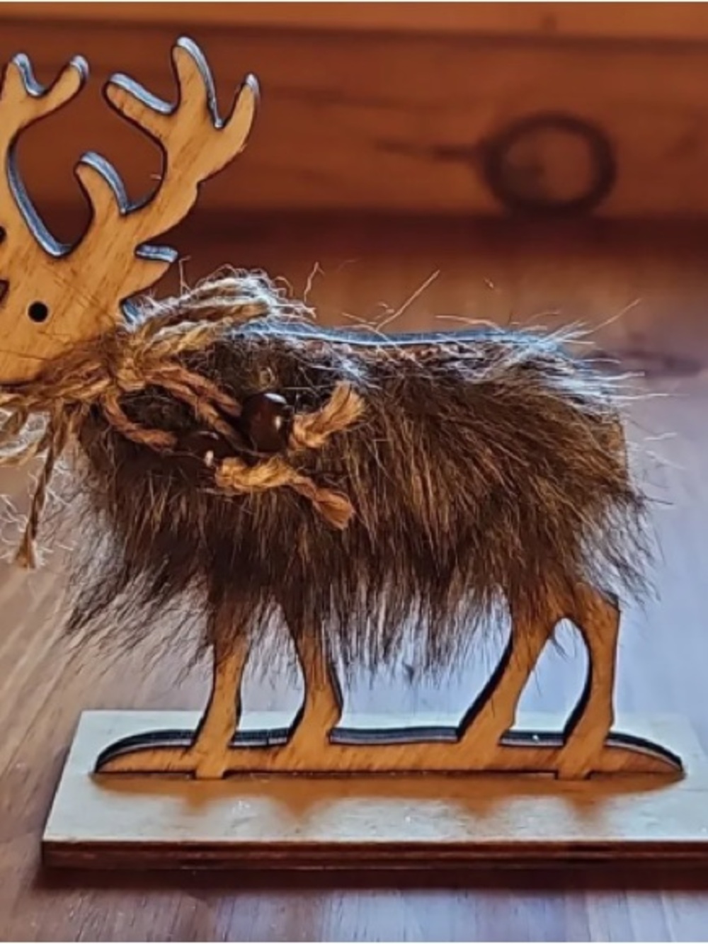 Wooden Reindeer Sculpture with Brown Faux Fur Accent